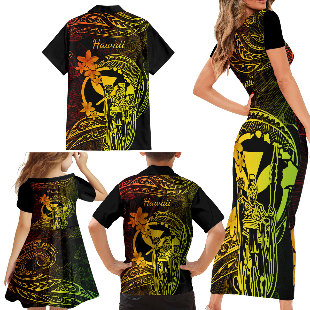 Hawaii Family Matching Short Sleeve Bodycon Dress and Hawaiian Shirt King Kamehameha Mix Polynesian Plumeria Reggae Version - Wonder Print Shop