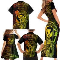 Hawaii Family Matching Short Sleeve Bodycon Dress and Hawaiian Shirt King Kamehameha Mix Polynesian Plumeria Reggae Version - Wonder Print Shop