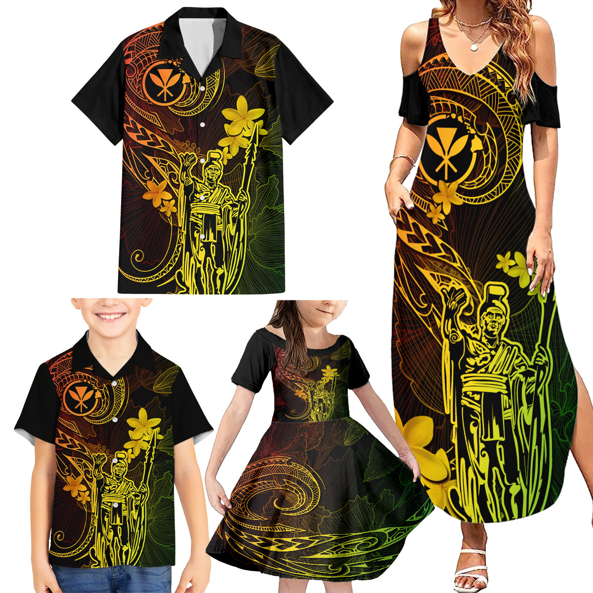 Hawaii Family Matching Summer Maxi Dress and Hawaiian Shirt King Kamehameha Mix Polynesian Plumeria Reggae Version - Wonder Print Shop