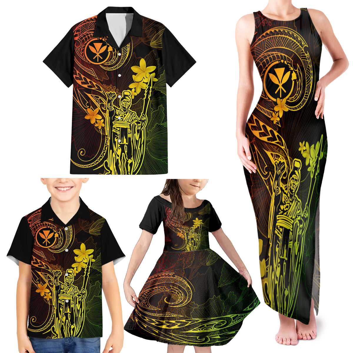 Hawaii Family Matching Tank Maxi Dress and Hawaiian Shirt King Kamehameha Mix Polynesian Plumeria Reggae Version - Wonder Print Shop