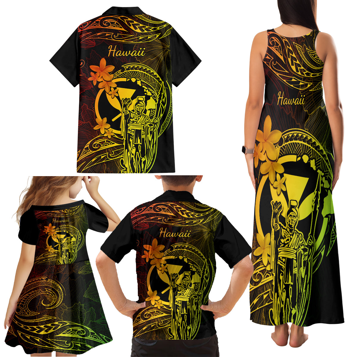 Hawaii Family Matching Tank Maxi Dress and Hawaiian Shirt King Kamehameha Mix Polynesian Plumeria Reggae Version - Wonder Print Shop