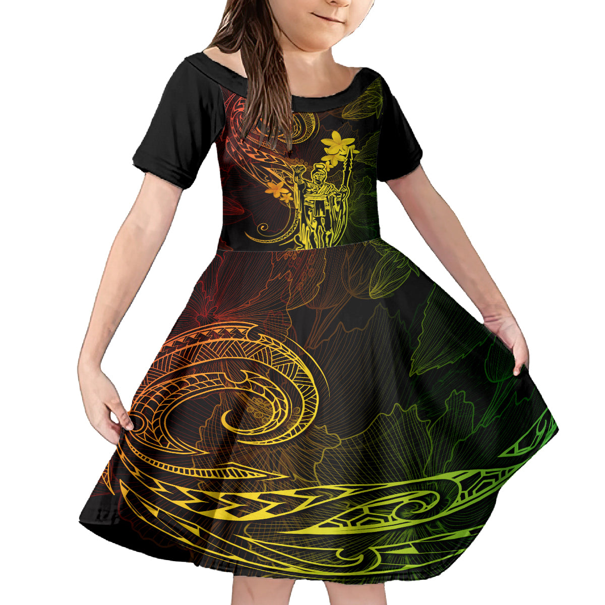 Hawaii Kid Short Sleeve Dress King Kamehameha Mix Polynesian Plumeria Reggae Version - Wonder Print Shop