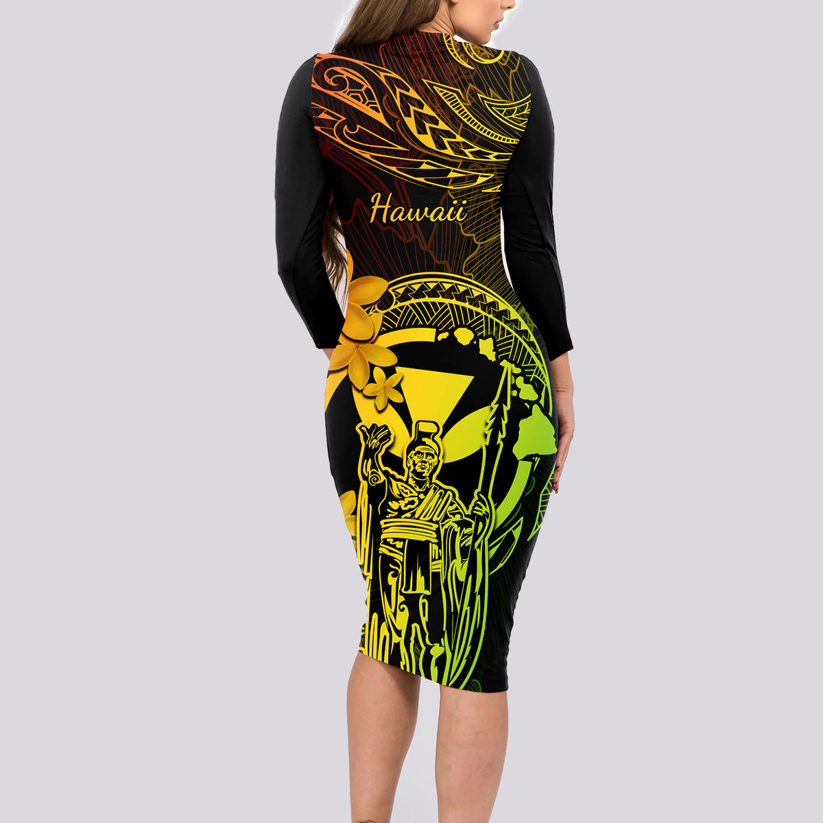 Hawaii Long Sleeve Bodycon Dress King Kamehameha Mix Polynesian Plumeria Reggae Version - Wonder Print Shop