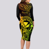 Hawaii Long Sleeve Bodycon Dress King Kamehameha Mix Polynesian Plumeria Reggae Version - Wonder Print Shop
