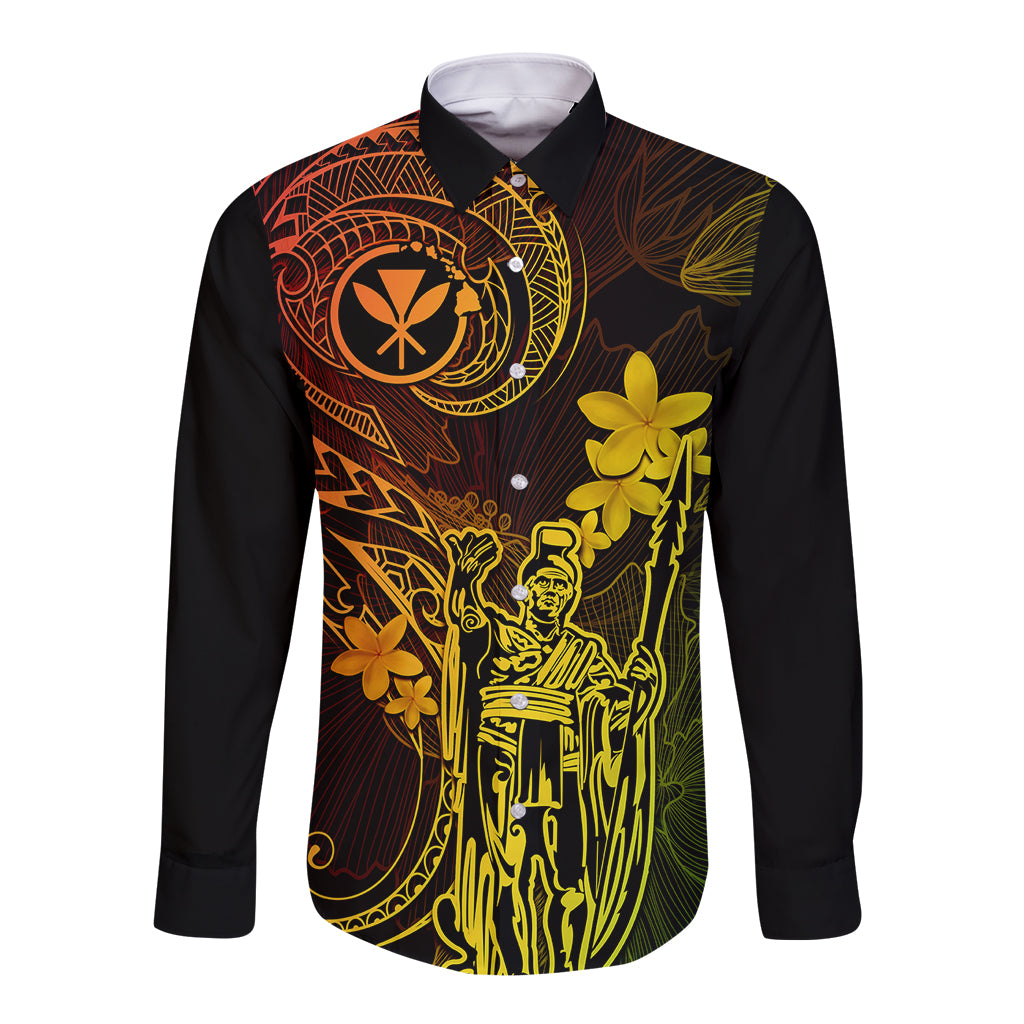 Hawaii Long Sleeve Button Shirt King Kamehameha Mix Polynesian Plumeria Reggae Version - Wonder Print Shop