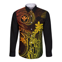 Hawaii Long Sleeve Button Shirt King Kamehameha Mix Polynesian Plumeria Reggae Version - Wonder Print Shop