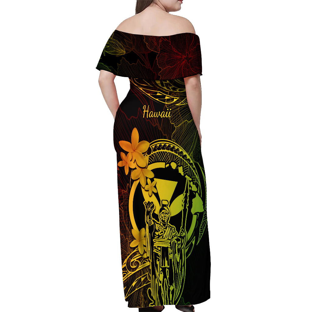 Hawaii Off Shoulder Maxi Dress King Kamehameha Mix Polynesian Plumeria Reggae Version - Wonder Print Shop