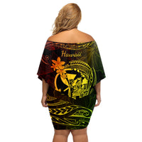 Hawaii Off Shoulder Short Dress King Kamehameha Mix Polynesian Plumeria Reggae Version - Wonder Print Shop
