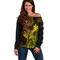 Hawaii Off Shoulder Sweater King Kamehameha Mix Polynesian Plumeria Reggae Version - Wonder Print Shop