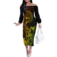 Hawaii Off The Shoulder Long Sleeve Dress King Kamehameha Mix Polynesian Plumeria Reggae Version - Wonder Print Shop