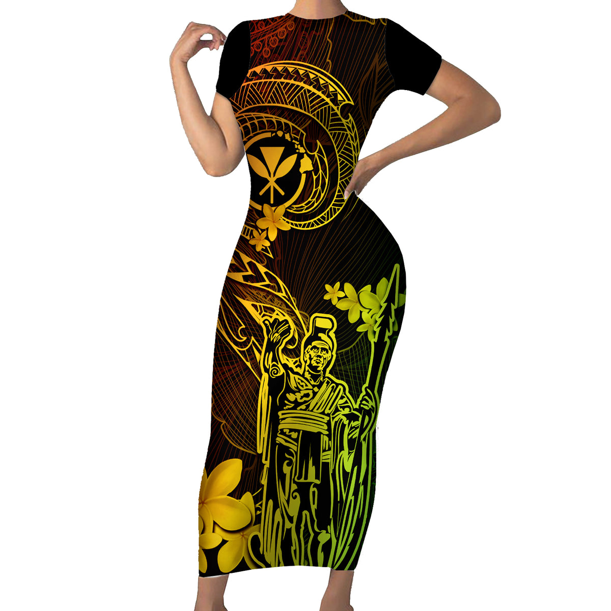 Hawaii Short Sleeve Bodycon Dress King Kamehameha Mix Polynesian Plumeria Reggae Version - Wonder Print Shop