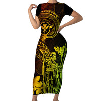 Hawaii Short Sleeve Bodycon Dress King Kamehameha Mix Polynesian Plumeria Reggae Version - Wonder Print Shop