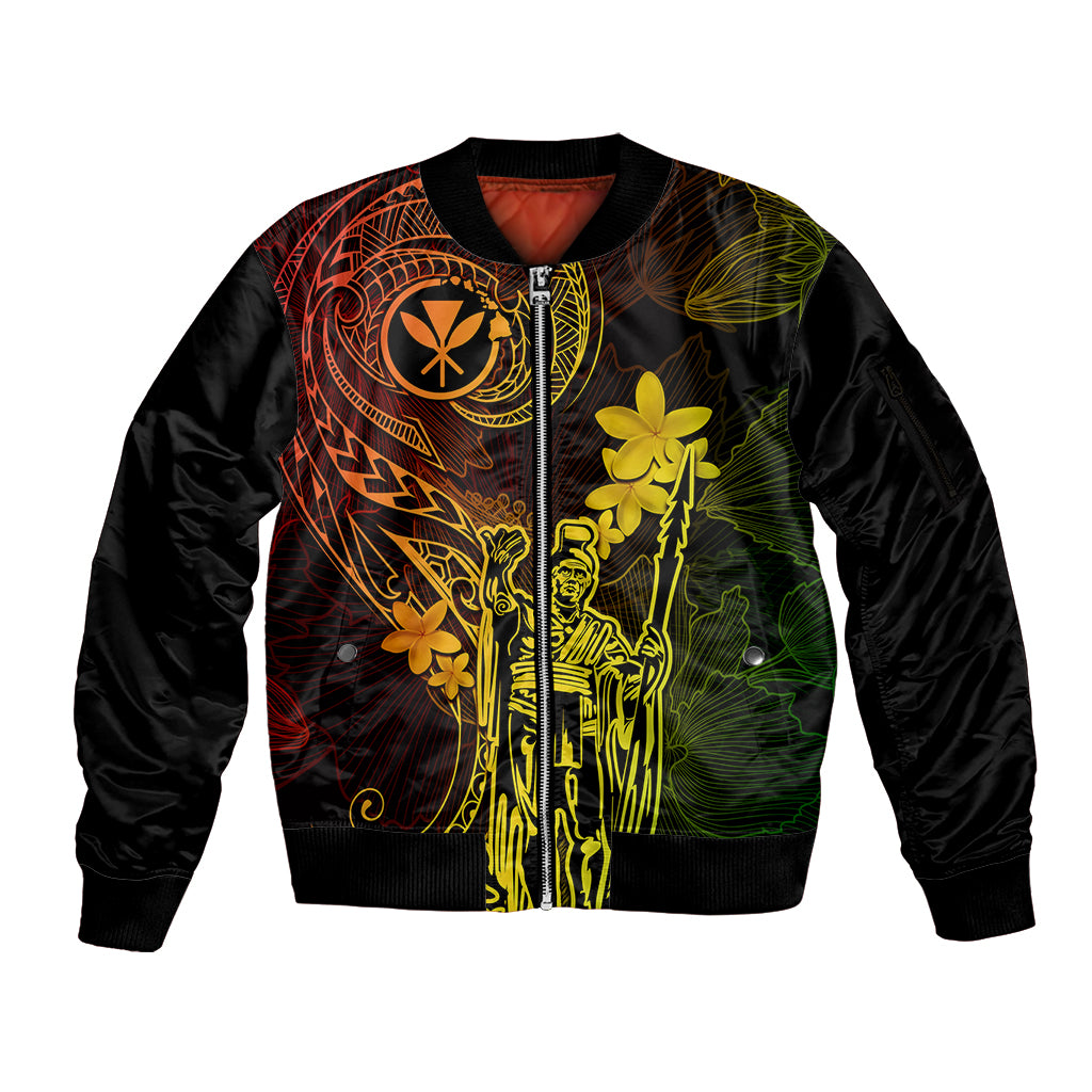 Hawaii Sleeve Zip Bomber Jacket King Kamehameha Mix Polynesian Plumeria Reggae Version - Wonder Print Shop
