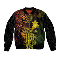 Hawaii Sleeve Zip Bomber Jacket King Kamehameha Mix Polynesian Plumeria Reggae Version - Wonder Print Shop
