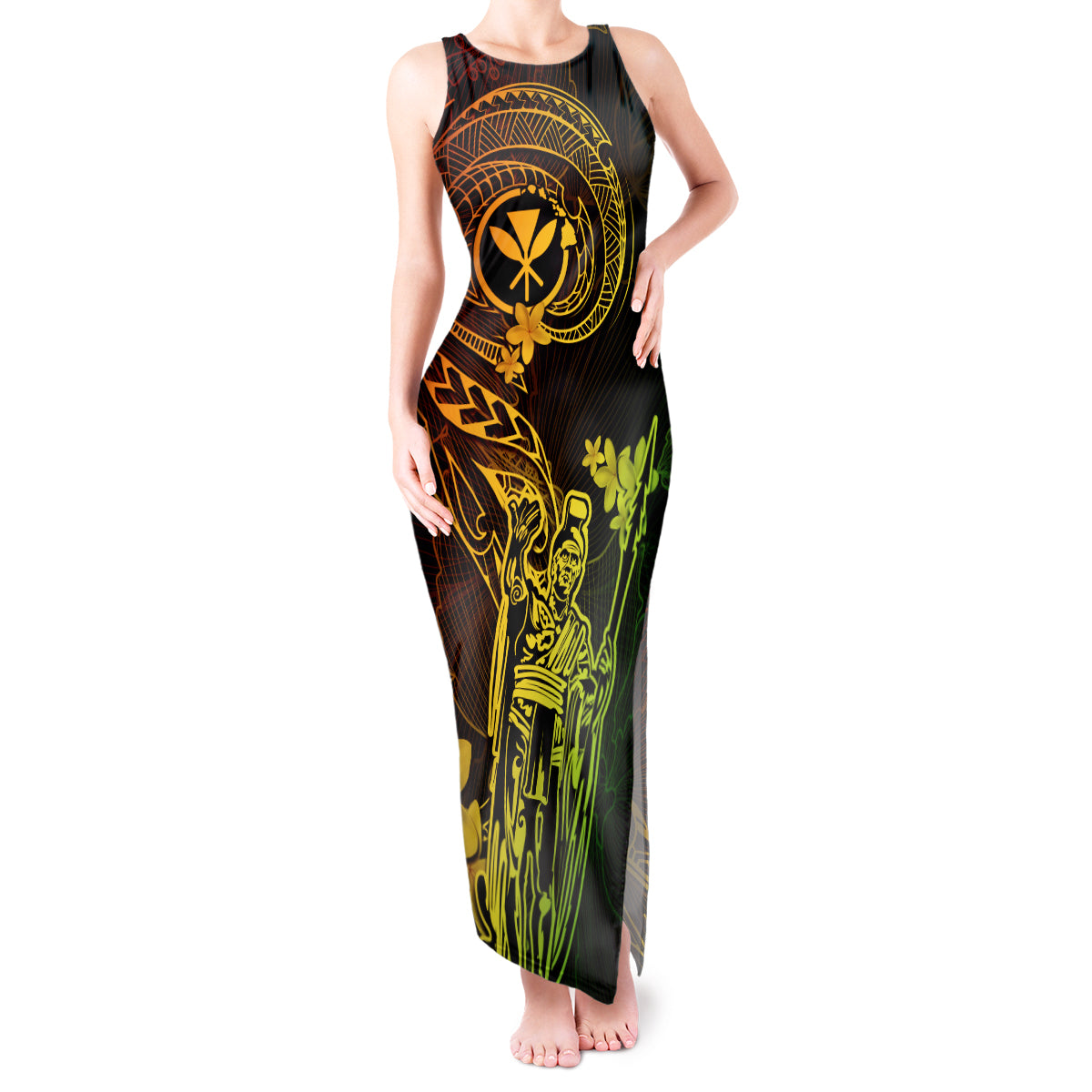 Hawaii Tank Maxi Dress King Kamehameha Mix Polynesian Plumeria Reggae Version - Wonder Print Shop