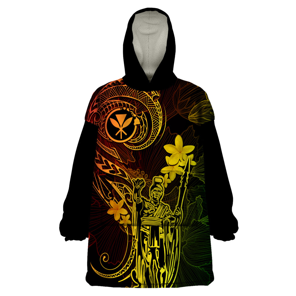 Hawaii Wearable Blanket Hoodie King Kamehameha Mix Polynesian Plumeria Reggae Version - Wonder Print Shop