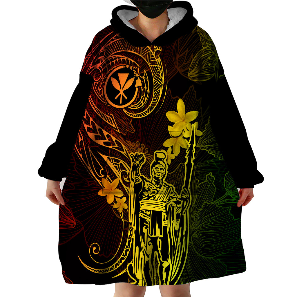 Hawaii Wearable Blanket Hoodie King Kamehameha Mix Polynesian Plumeria Reggae Version - Wonder Print Shop