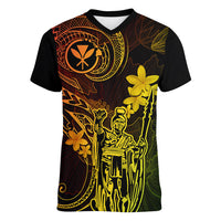 Hawaii Women V Neck T Shirt King Kamehameha Mix Polynesian Plumeria Reggae Version - Wonder Print Shop