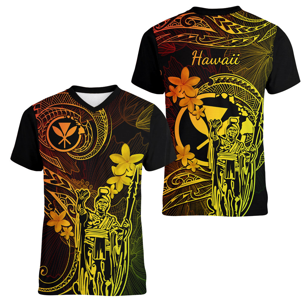 Hawaii Women V Neck T Shirt King Kamehameha Mix Polynesian Plumeria Reggae Version - Wonder Print Shop