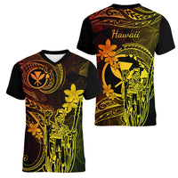 Hawaii Women V Neck T Shirt King Kamehameha Mix Polynesian Plumeria Reggae Version - Wonder Print Shop