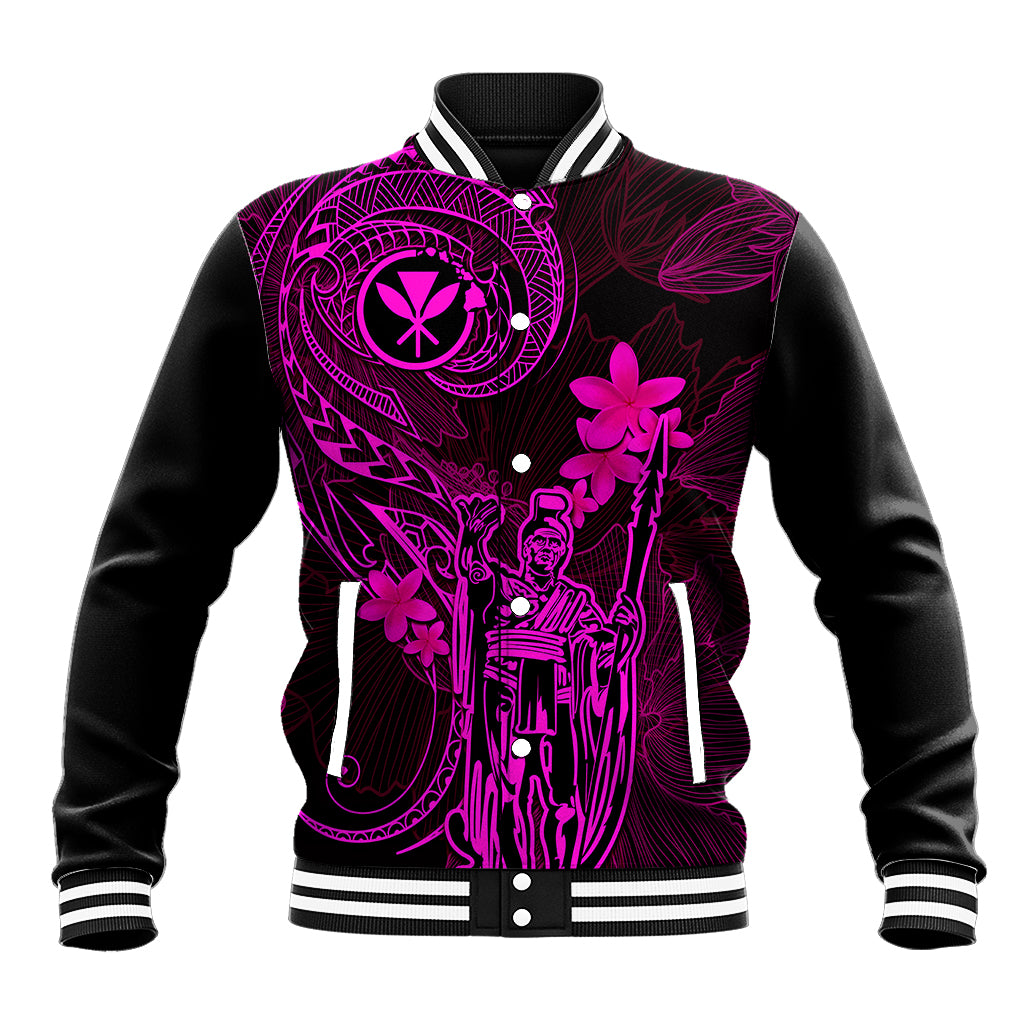 Hawaii Baseball Jacket King Kamehameha Mix Polynesian Plumeria Pink Version - Wonder Print Shop