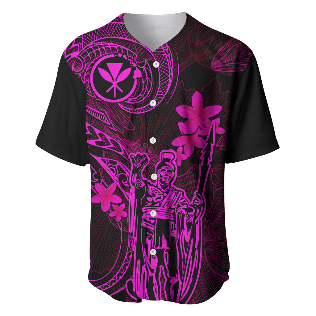 Hawaii Baseball Jersey King Kamehameha Mix Polynesian Plumeria Pink Version - Wonder Print Shop