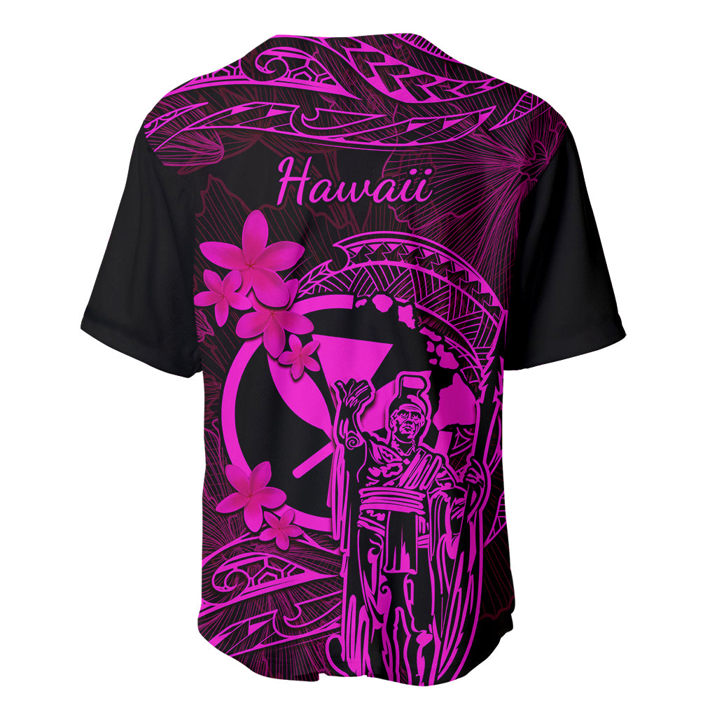 Hawaii Baseball Jersey King Kamehameha Mix Polynesian Plumeria Pink Version - Wonder Print Shop