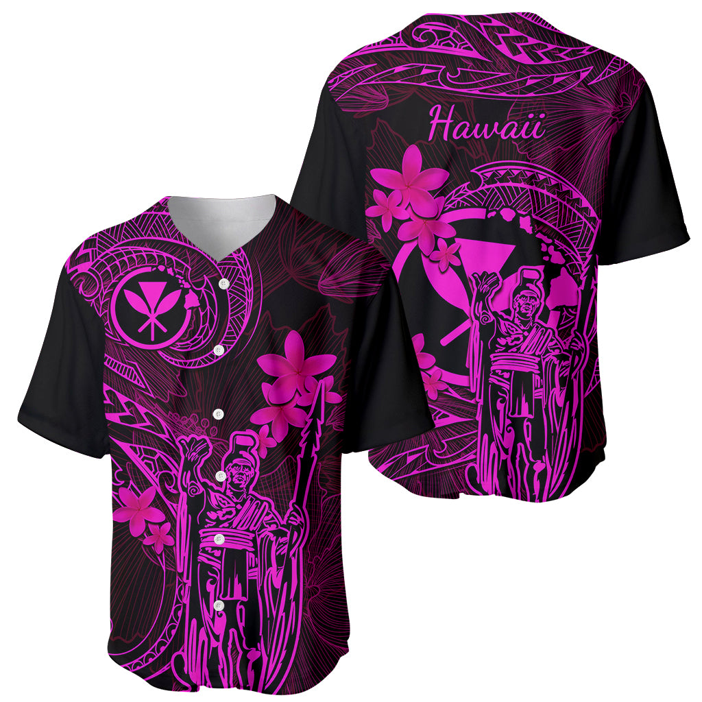Hawaii Baseball Jersey King Kamehameha Mix Polynesian Plumeria Pink Version - Wonder Print Shop