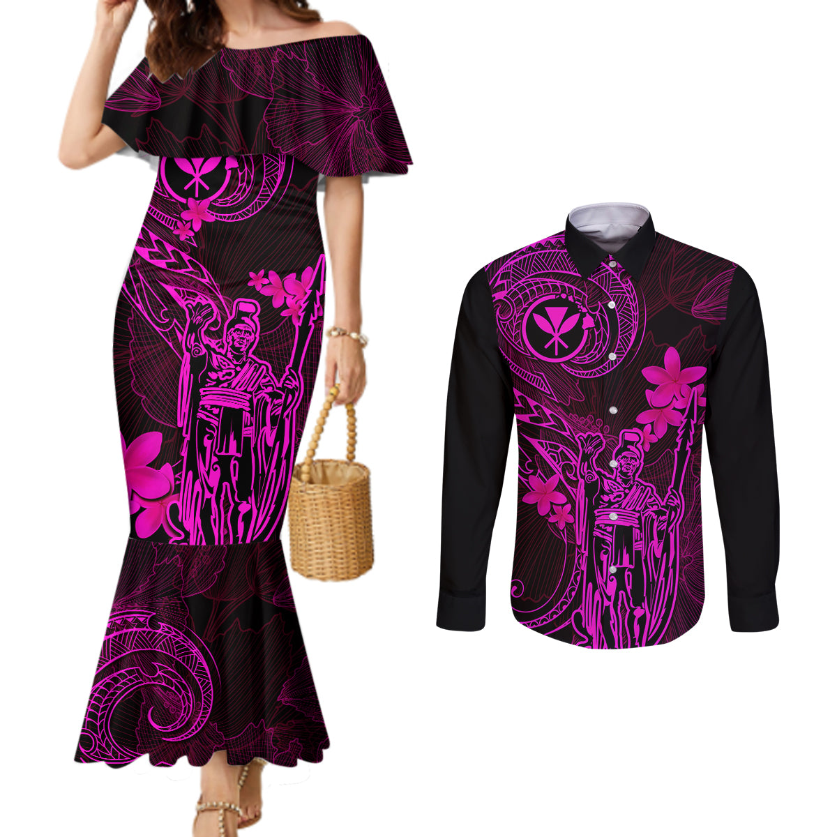hawaii-couples-matching-mermaid-dress-and-long-sleeve-button-shirts-king-kamehameha-mix-polynesian-plumeria-pink-version