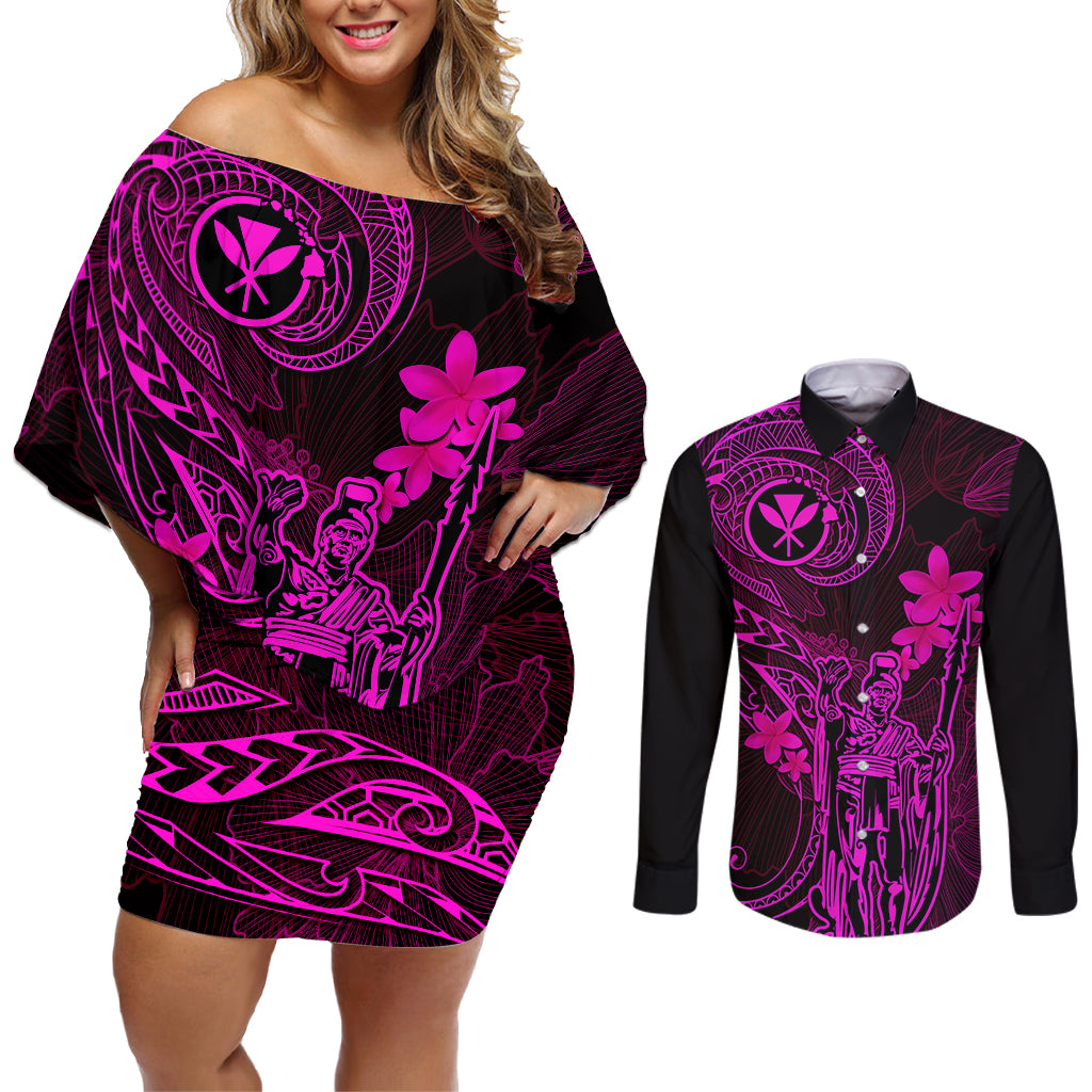 Hawaii Couples Matching Off Shoulder Short Dress and Long Sleeve Button Shirts King Kamehameha Mix Polynesian Plumeria Pink Version - Wonder Print Shop