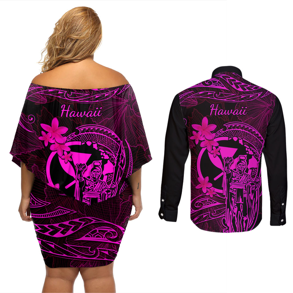 Hawaii Couples Matching Off Shoulder Short Dress and Long Sleeve Button Shirts King Kamehameha Mix Polynesian Plumeria Pink Version - Wonder Print Shop
