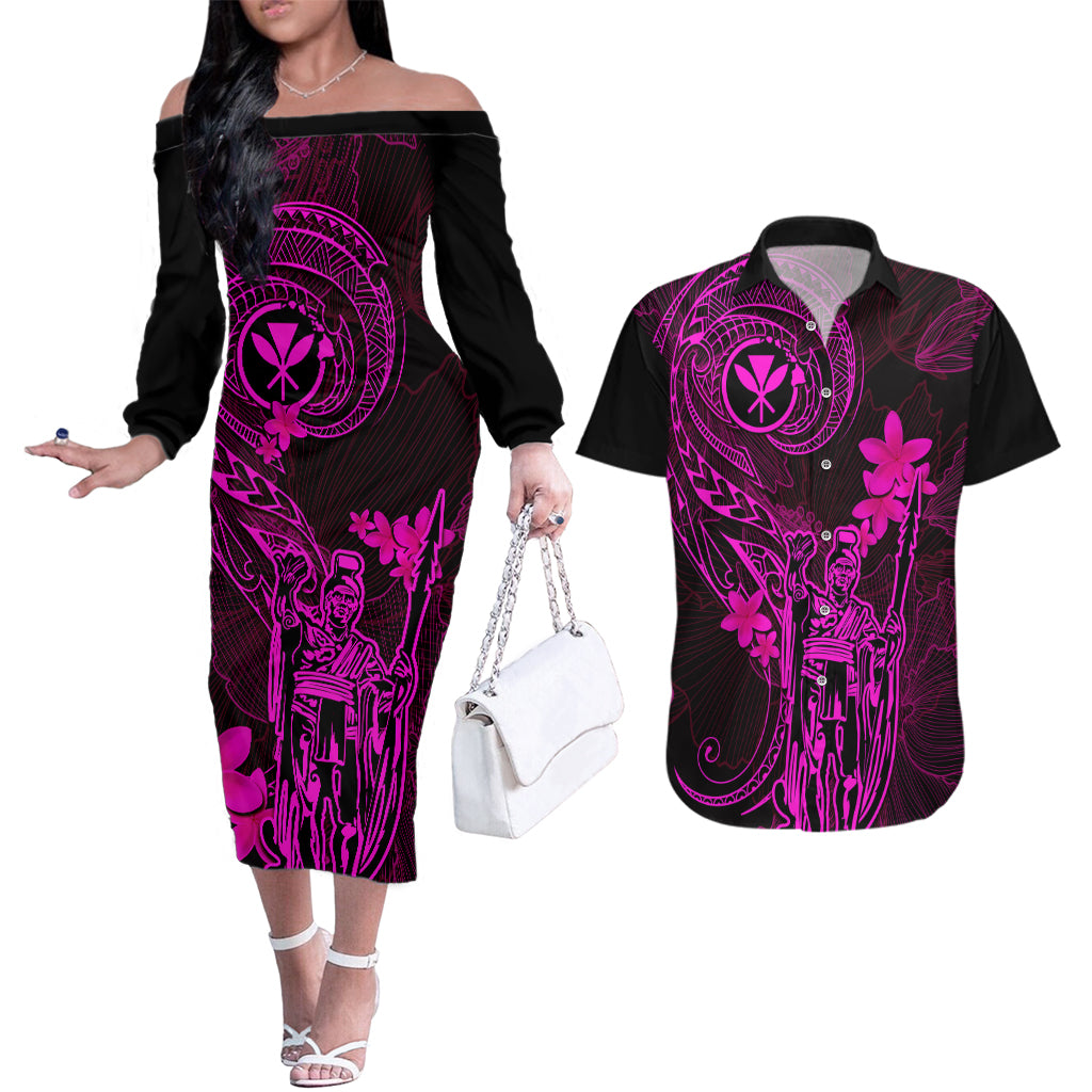 Hawaii Couples Matching Off The Shoulder Long Sleeve Dress and Hawaiian Shirt King Kamehameha Mix Polynesian Plumeria Pink Version - Wonder Print Shop