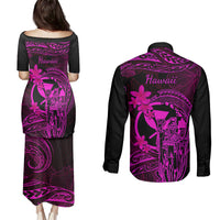 Hawaii Couples Matching Puletasi Dress and Long Sleeve Button Shirts King Kamehameha Mix Polynesian Plumeria Pink Version - Wonder Print Shop