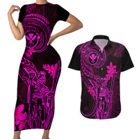 Hawaii Couples Matching Short Sleeve Bodycon Dress and Hawaiian Shirt King Kamehameha Mix Polynesian Plumeria Pink Version - Wonder Print Shop
