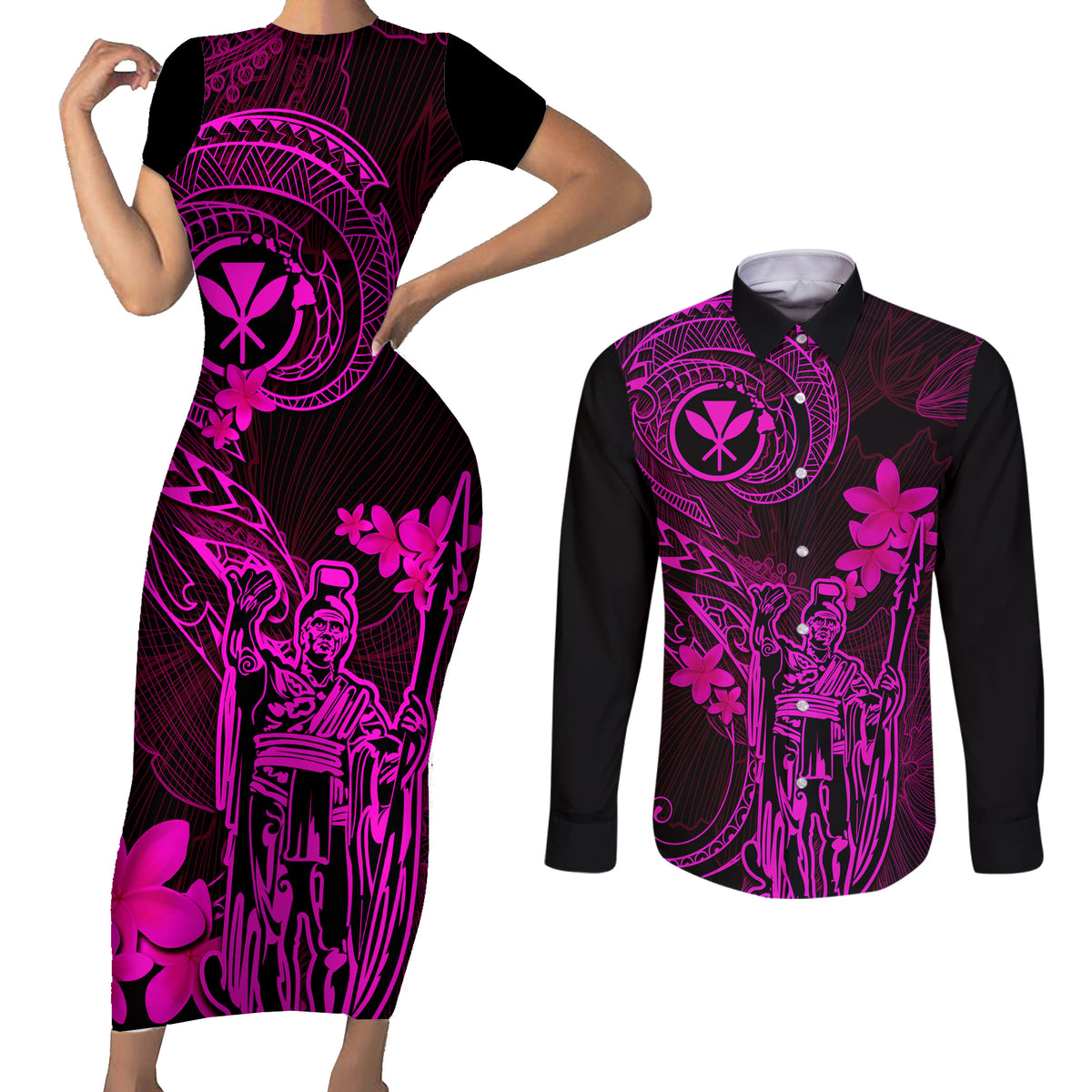 Hawaii Couples Matching Short Sleeve Bodycon Dress and Long Sleeve Button Shirts King Kamehameha Mix Polynesian Plumeria Pink Version - Wonder Print Shop
