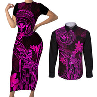 Hawaii Couples Matching Short Sleeve Bodycon Dress and Long Sleeve Button Shirts King Kamehameha Mix Polynesian Plumeria Pink Version - Wonder Print Shop