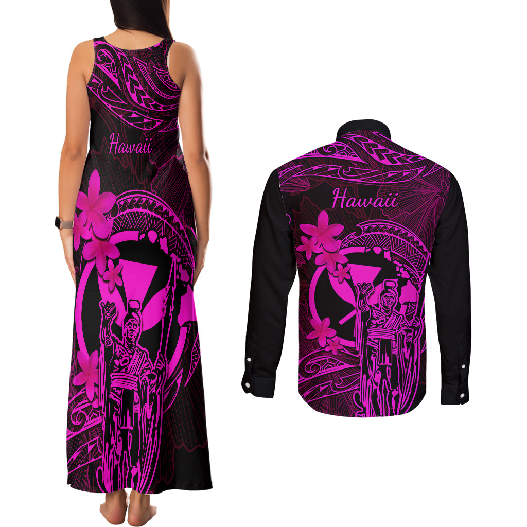 Hawaii Couples Matching Tank Maxi Dress and Long Sleeve Button Shirts King Kamehameha Mix Polynesian Plumeria Pink Version - Wonder Print Shop