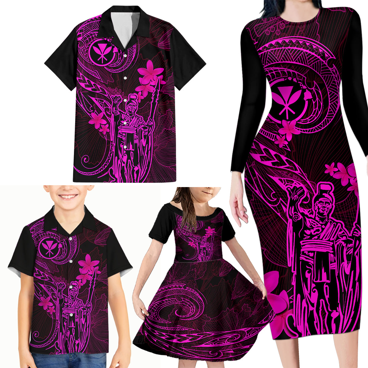 Hawaii Family Matching Long Sleeve Bodycon Dress and Hawaiian Shirt King Kamehameha Mix Polynesian Plumeria Pink Version - Wonder Print Shop