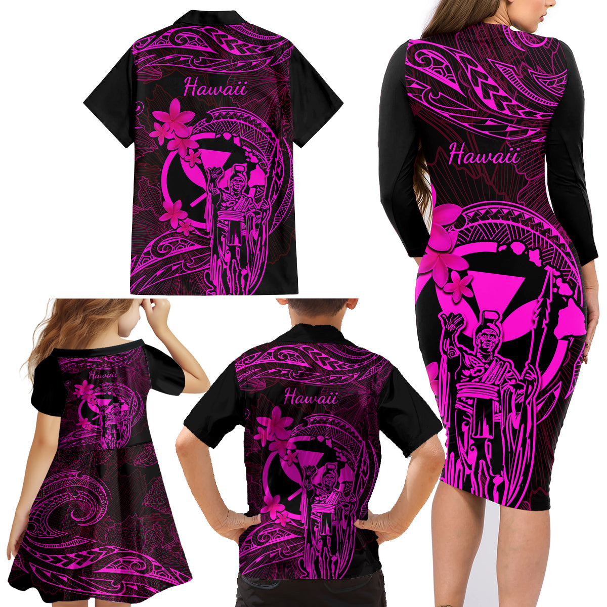 Hawaii Family Matching Long Sleeve Bodycon Dress and Hawaiian Shirt King Kamehameha Mix Polynesian Plumeria Pink Version - Wonder Print Shop