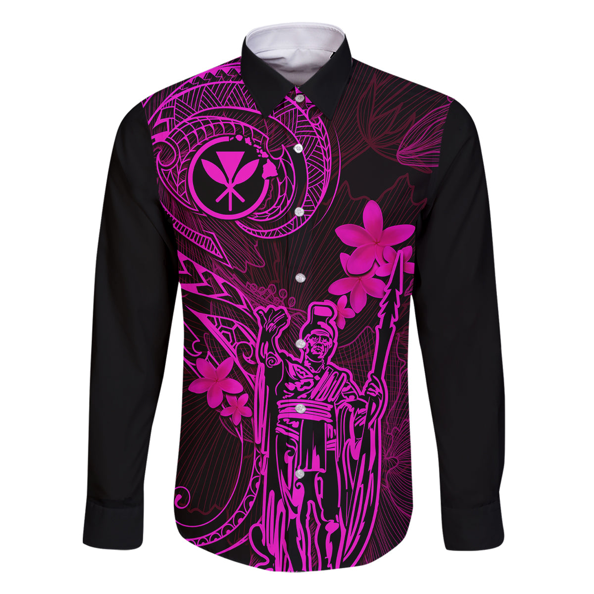 Hawaii Family Matching Long Sleeve Bodycon Dress and Hawaiian Shirt King Kamehameha Mix Polynesian Plumeria Pink Version - Wonder Print Shop