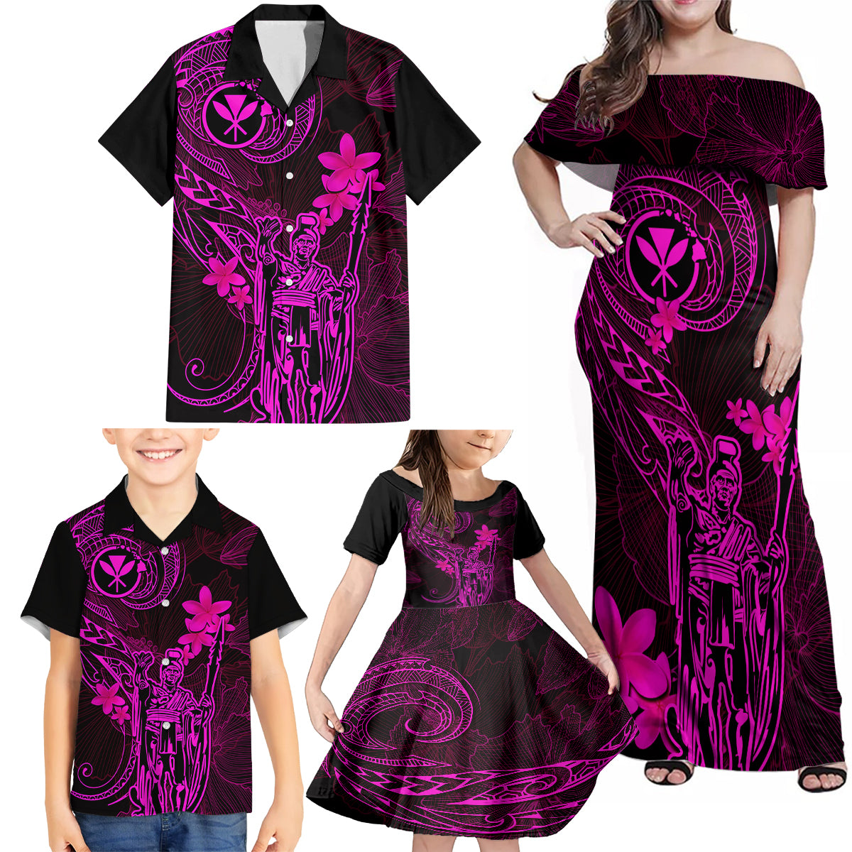 Hawaii Family Matching Off Shoulder Maxi Dress and Hawaiian Shirt King Kamehameha Mix Polynesian Plumeria Pink Version - Wonder Print Shop