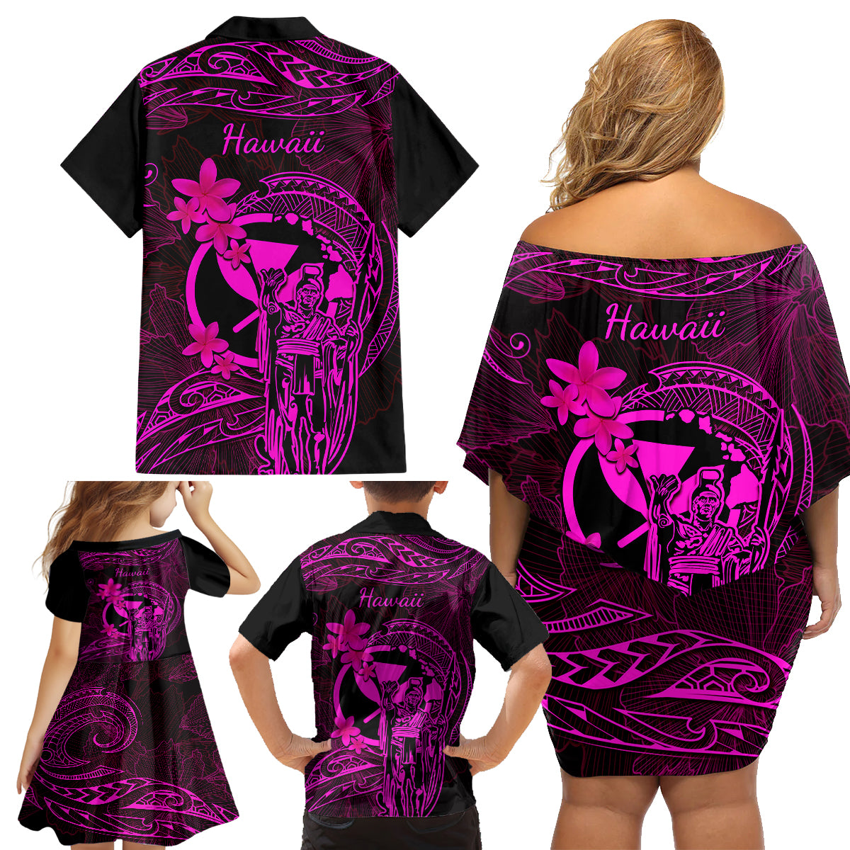 Hawaii Family Matching Off Shoulder Short Dress and Hawaiian Shirt King Kamehameha Mix Polynesian Plumeria Pink Version - Wonder Print Shop