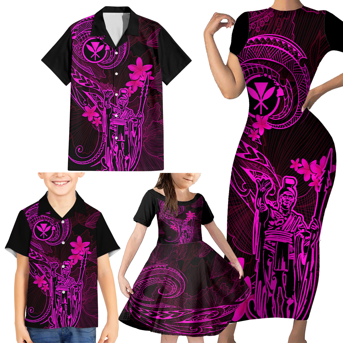 Hawaii Family Matching Short Sleeve Bodycon Dress and Hawaiian Shirt King Kamehameha Mix Polynesian Plumeria Pink Version - Wonder Print Shop