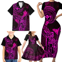 Hawaii Family Matching Short Sleeve Bodycon Dress and Hawaiian Shirt King Kamehameha Mix Polynesian Plumeria Pink Version - Wonder Print Shop