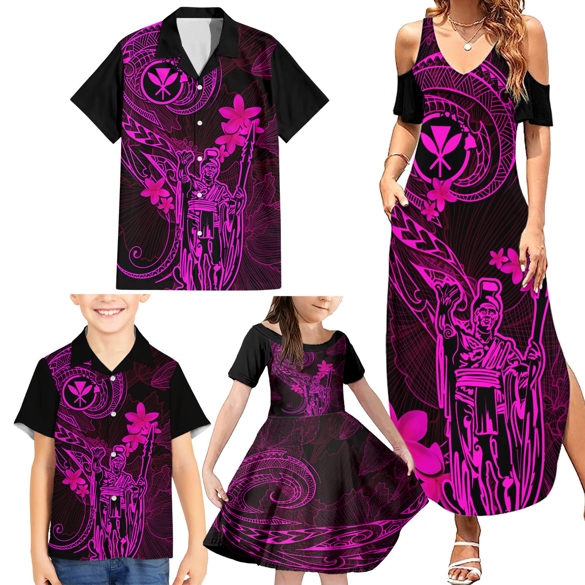 Hawaii Family Matching Summer Maxi Dress and Hawaiian Shirt King Kamehameha Mix Polynesian Plumeria Pink Version - Wonder Print Shop