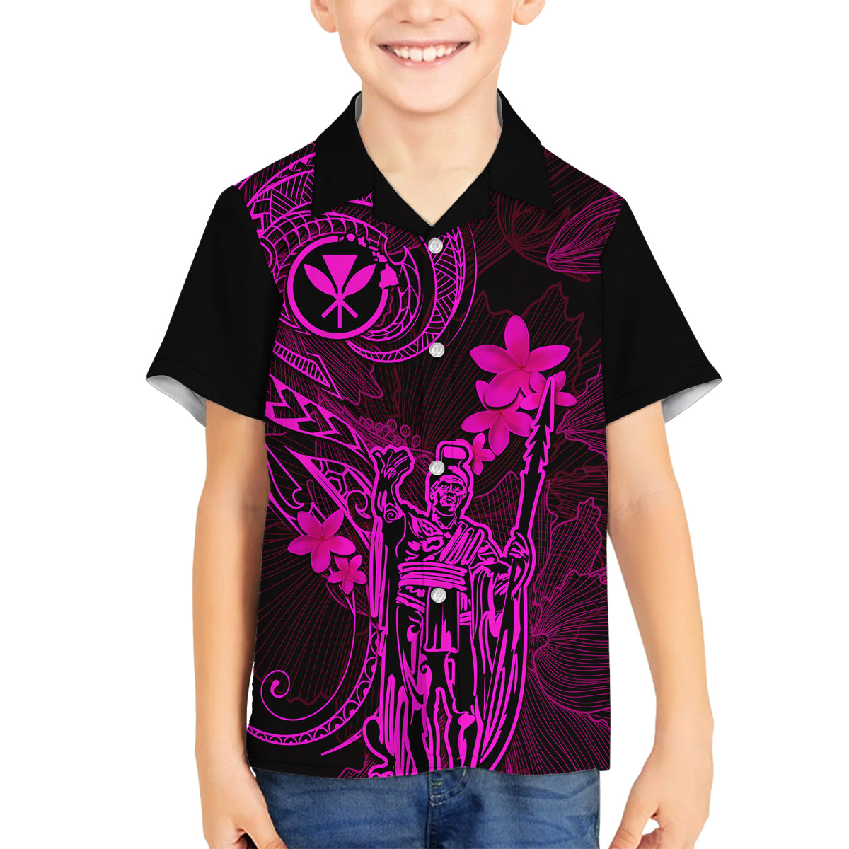 Hawaii Kid Hawaiian Shirt King Kamehameha Mix Polynesian Plumeria Pink Version - Wonder Print Shop