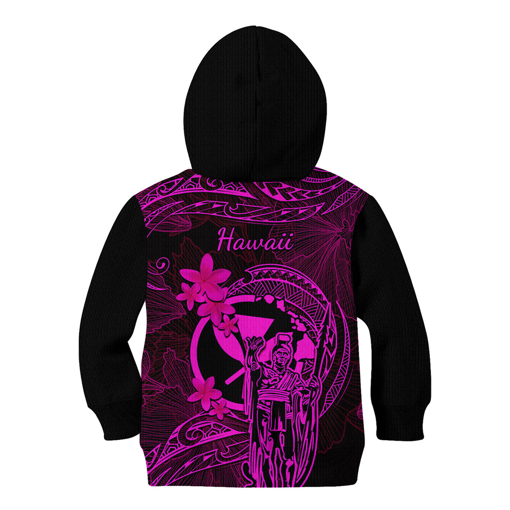 Hawaii Kid Hoodie King Kamehameha Mix Polynesian Plumeria Pink Version - Wonder Print Shop