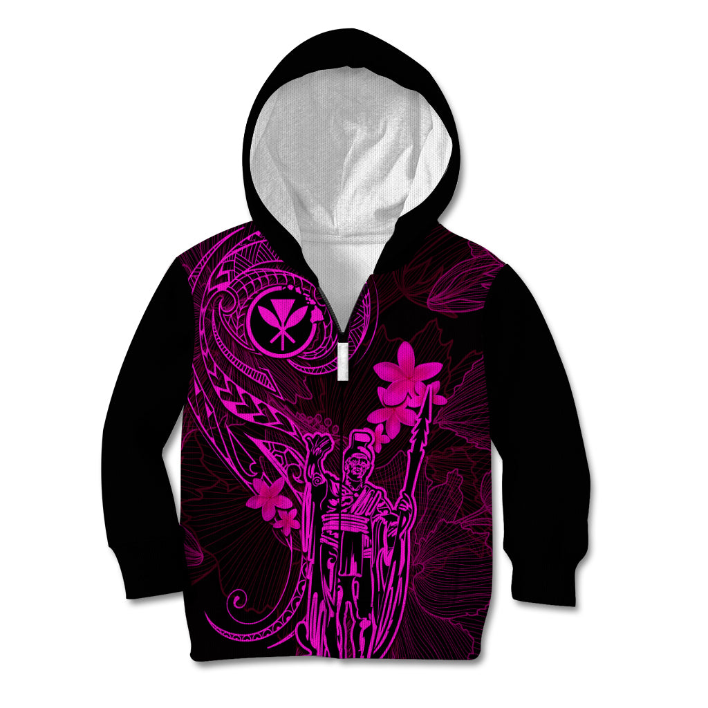 Hawaii Kid Hoodie King Kamehameha Mix Polynesian Plumeria Pink Version - Wonder Print Shop