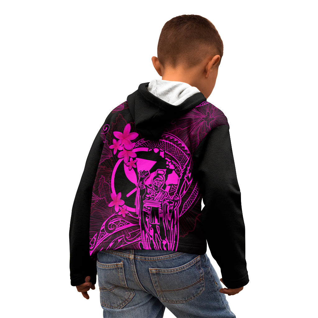 Hawaii Kid Hoodie King Kamehameha Mix Polynesian Plumeria Pink Version - Wonder Print Shop