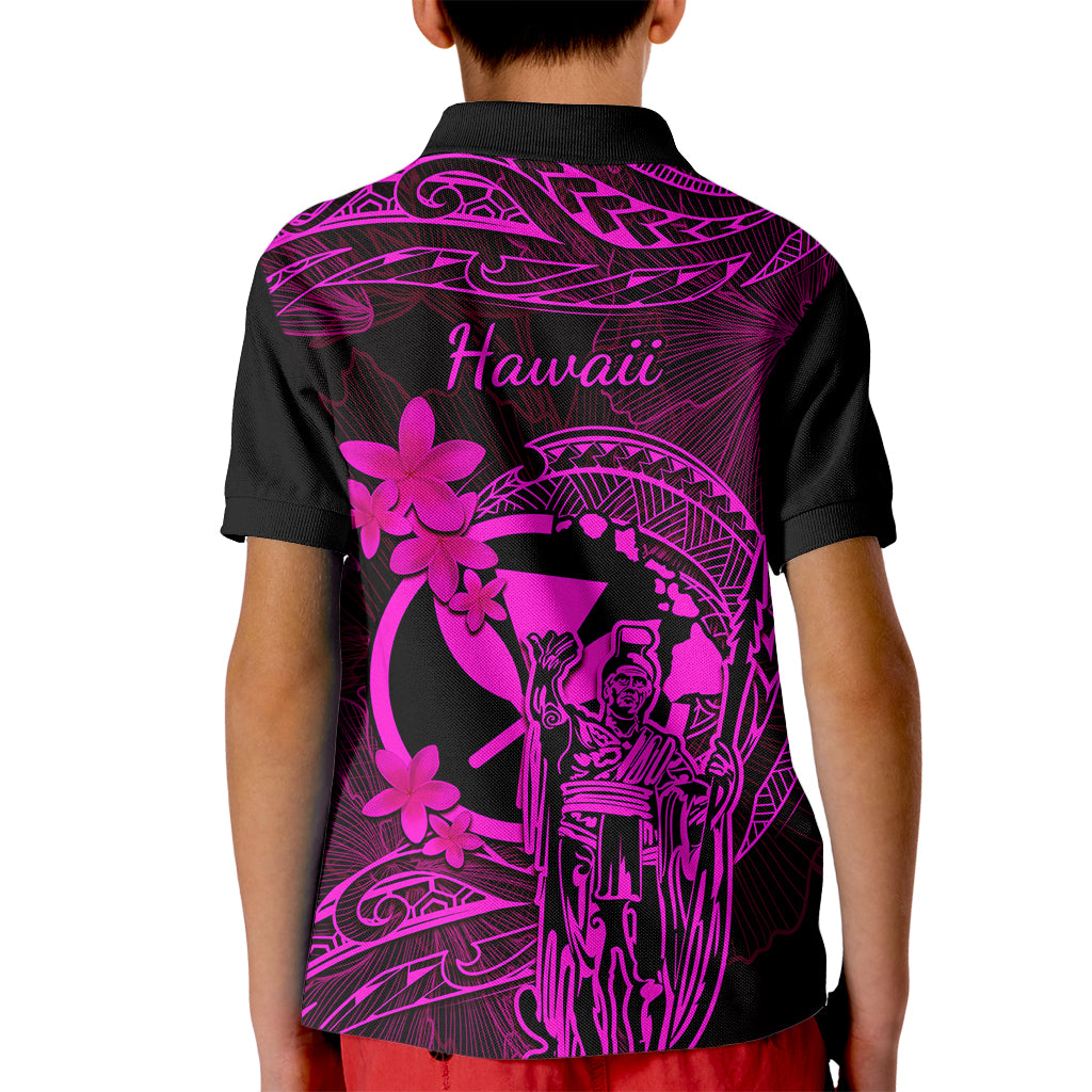 Hawaii Kid Polo Shirt King Kamehameha Mix Polynesian Plumeria Pink Version - Wonder Print Shop